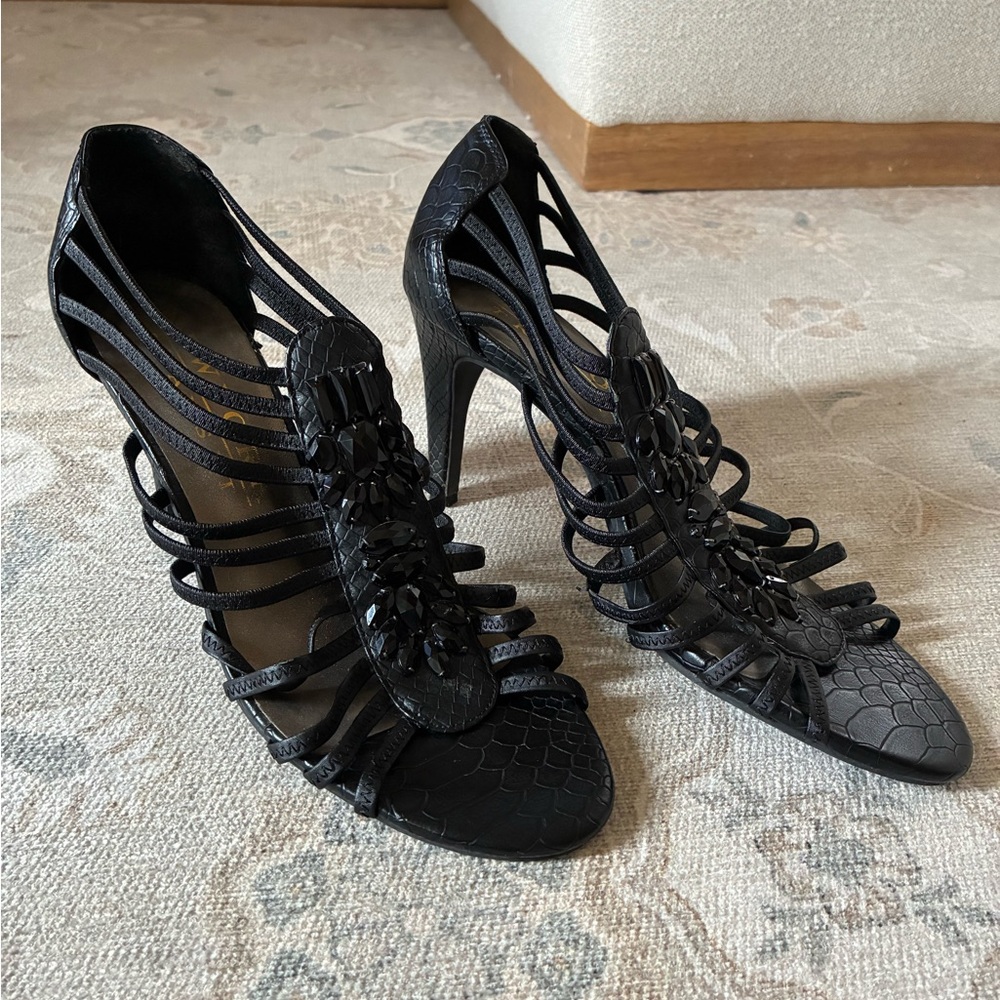 New York Transit Black Strappy Heels with Embellishments